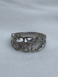 Signed RJ Graziano Diamond Accent Filigree Leaf Design, Open Work Sterling Silver Ring, Stamped 925, Size  7