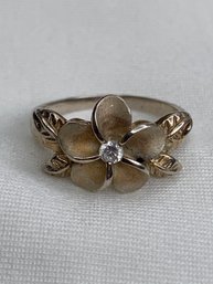 Sterling Silver Ring, Hawaiian Style Plumeria Flower With CZ Center And Four Leaves, Ring Stamped 925 K