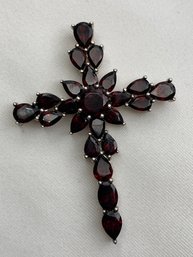 Cross Pendant With Deep Red Garnets In Sterling Silver Setting, Stamped 925 China, Hallmark Visible