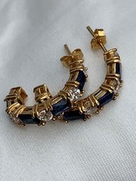 Open Hoop Gold Plated Sterling Silver Earrings With Blue & Clear Faceted Stones (Sapphire And CZ?)stamped 925