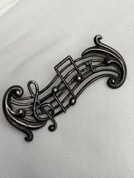 Musical Themed Brooch, Signed BEAU Sterling Silver, Treble Clef With Staff And Notes, Filigree Open Work Pin