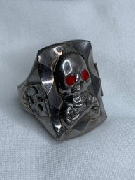 Silver Toned Mens Ring, Skull & Crossbones With Red Enamel Eyes, Fleur-de-Lis On Sides, Stamped Made In Mexico