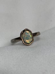 Vintage Silver Toned Ring With Inlaid Oval Opal-like Center Stone, Unmarked