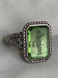 Designer Judith Ripka Sterling Silver 925 Double Intaglio Goddess Green CZ Ring, Fleur-de-lis Back, Thailand