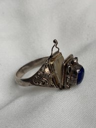Antique Poison/ Perfume/ Snuff Ring, Sterling 925 Silver &  Nocturnal Sky Lapis Lazuli Polished Stone Center