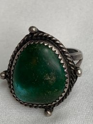 Native American Style Sterling Silver Ring With Polished Green Turquoise, Hint Of Light Blue Turquoise
