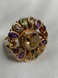 Cocktail Ring, Gold Wash Over 925 Sterling Silver, Peacock Multicolored Stones, Circle And Pear Cut, Open Back