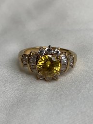 Gold Plated Sterling Silver Ring, Sparkling Yellow Circle Cut Crystal Center Stone & Clear Stones Setting, 925