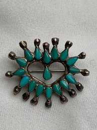 Vintage Navajo Zuni Heart, Sterling Silver & Beautiful Blue Turquoise Pear Shaped Stones, Pendant Or Lapel Pin