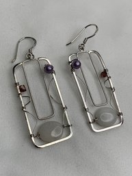 Art Deco Paperclip Style Dangle Pendant Earrings, Stones And Wire Design, Hook Posts Stamped 925