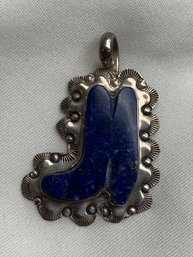Southwestern Lapis Lazuli Cowboy Boot Pendant With Sterling Silver Scalloped Setting, Stamped VY Sterling WS