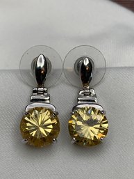 Canary Yellow Circle Cut Solitaire Crystal Pierced Post Earrings In Bright 925 Sterling Silver, Hinged Pendant
