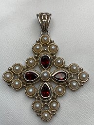 Signed Ross Simons Sterling Silver Cross Pendant, Decorated With Freshwater Pearls & Garnets, Marked 925 China