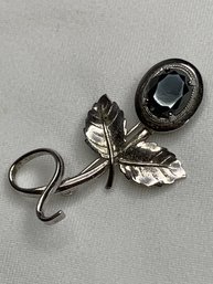 Rare Vintage AMCO Sterling Silver Oval-cut Hematite Flower Pin / Rose Brooch, Chrome Finish, Open Back Stone