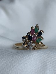 EMCO Jewelry Signed Sterling Silver Gold Plated Ring ,multicolor Stone Bouquet Spray, Open Leaves, Stamped 925