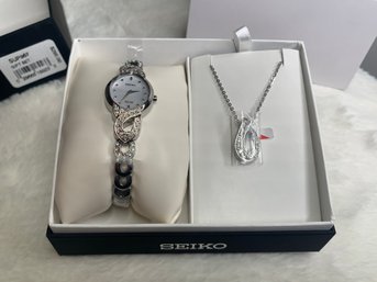 SEIKO Watch & Necklace Gift Set, Brand New In Package, SUP367, Swarovski Crystals, Mother Of Pearl Face,