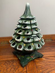 1970s Cast Iron Hand Painted Christmas Tree Candle Holder / Lantern, Hinged, Indoor Or Outdoor Decor