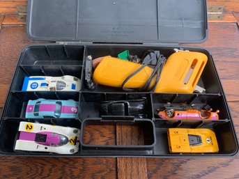 Vintage Aurora AFX Pit Case With Slot Cars, Chassis, Wheels, Parts And Controller - Use For Parts Or Repair
