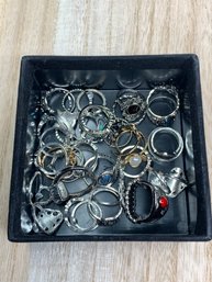 Large Assortment Of Fashion Jewelry Rings, Excellent Variety Of Styles And Sizes, Stored In Black Felt Box