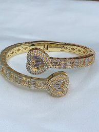 Sparkling Double Heart Wraparound Bangle Bracelet, Open & Hinged, Gold Toned With Baguette Style Set Crystals