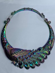 Retro Colorful Metallic Peacock Fashion Collar Necklace, Etched, Carved Bib Style