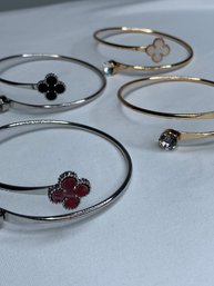 Set Of Four Wraparound Bangle Bracelets, Gold & Silver Toned, Enamel Clover/ Club/shamrock & Rhinestone Detail