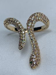 Rhinestone Encrusted Gold Toned Snake Ring, Emerald Green Crystal Eyes, Open Wrap Style