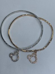 Pair Of Mickey Mouse Silhouette Charm, Crystal Bracelets / Ankle Bracelets - Gold & Silver Toned, Stretch Band