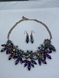 AB Crystal Rhinestones Statement Chunky Necklace & Earring Set - Purple, Blue & Green Aurora Borealis Coloring