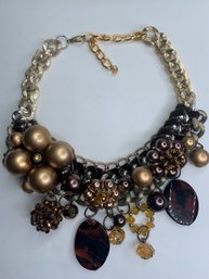 Modern Dangle And Cluster Beaded Necklace, Chunky Collar/bib Style, Thick Chain, Browns, Golds, Neutrals