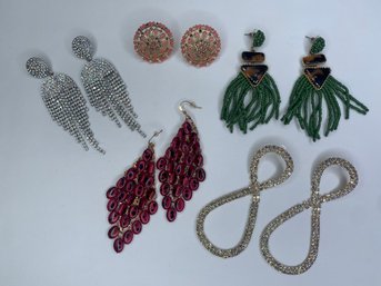 Five Pairs Of Very Nice Fashion Earrings, Pierced Posts And Hook Backs, Dangle, Medallion, Beads, Rhinestones