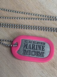 PROUD MARINE MOM - Matte Stainless Steel Dog-tag Necklace, Ball Chain, Pink Silencer, Marine Logo On Back