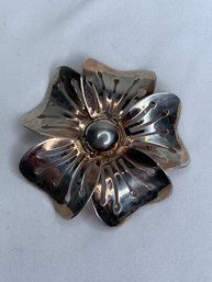 Pretty Silver Flower Brooch, Signed Sterling By JORDAN, Open Work Petals, Tarnish Can Be Polished