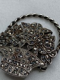 Sweet Detailed Basket Of Flowers Sterling Silver And Marcasite Pin, Brooch Stamped Sterling