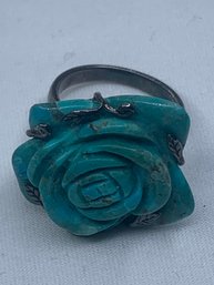 Carved Turquoise Rose (1 Inch Wide) Set In Sterling Silver Ring, Marked Thailand, 925