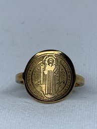 Saint Benedict Christian Sacramental Medallion Ring, Latin, Gold Toned, Symbol, Protection