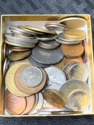 Box Of Foreign Coins And Tokens