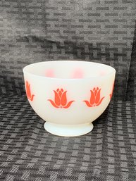 Rare Vintage Oven Fire King Bowl, White With Coral Tulip Pattern, Bowl Is 4 Inches Wide