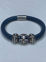 Brighton Beaded Blue Leather Bangle Bracelet With Hallmark On Magnetic Clasp