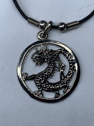 Dragon Medallion Leather Strap Necklace, 16 Inches Long, Medallion Is 1.5 Inches