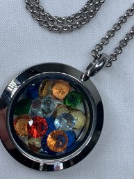 Silver Toned Long Necklace With Round Moving Crystal Filled Pendant, Multicolored, Rainbow, Chain Is 32 Inches
