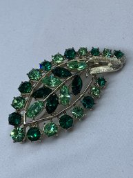 Sparkly Green Rhinestone Leaf Brooch In Silver Toned Setting, 2.5 Inches Long
