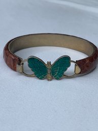 SCA-TEL FIRENZE Signed Snakeskin Leather Gold Toned Bangle Bracelet, Hinge, Green Enamel Butterfly