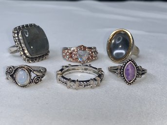 Collection Of Six Assorted Style Fashion Rings, Silver Toned Ring Lot, Assorted Sizes And Styles