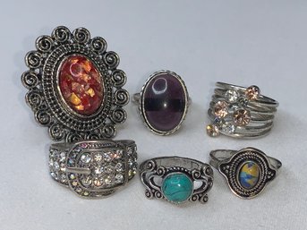 Statement, Belt Buckle And Other Assorted Styles Of Silver Toned Fashion Rings, Assorted Sizes