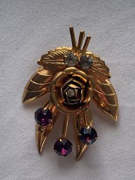 Gold Toned And Rhinestone Floral Corsage Pin , Brooch, Purple And Clear