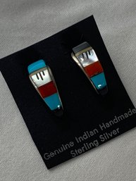 Genuine Indian  Handmade Sterling Silver Zuni Earrings, Pierced, Turquoise And Coral, On Card