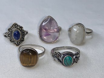 Silver Toned Ring, Lot, Assorted Sizes And Stones Like Amethyst, Tigers Eye, Turquoise, Quartz, Lapis Lazuli