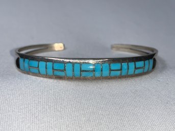 Vintage Native American Signed GT Sterling Silver Cuff Bracelet With Geometric Inlaid Turquoise Pattern