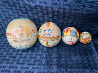 Rare Set Of Wooden Nesting Balls / Nesting Dolls, Globe, Nina, Pinta, Santa Maria, Compass, Sailing Set
